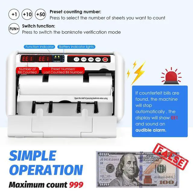 Alt view image 2 of 6 - Battery Operated Bill Counter Machine, Portable Rechargeable Money Counter with UV MG Detection, 800pcs/min Counting Speed, Take Anywhere with A Backpack for Multi-Currency Or Tickets