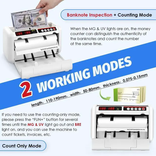 Alt view image 3 of 6 - Battery Operated Bill Counter Machine, Portable Rechargeable Money Counter with UV MG Detection, 800pcs/min Counting Speed, Take Anywhere with A Backpack for Multi-Currency Or Tickets