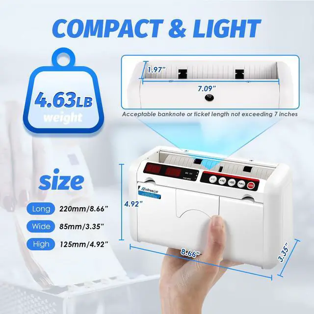 Alt view image 4 of 6 - Battery Operated Bill Counter Machine, Portable Rechargeable Money Counter with UV MG Detection, 800pcs/min Counting Speed, Take Anywhere with A Backpack for Multi-Currency Or Tickets