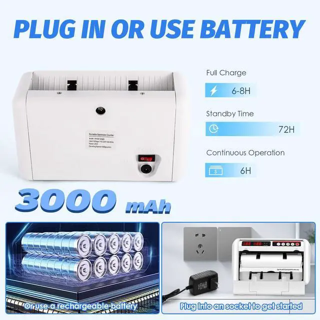 Alt view image 5 of 6 - Battery Operated Bill Counter Machine, Portable Rechargeable Money Counter with UV MG Detection, 800pcs/min Counting Speed, Take Anywhere with A Backpack for Multi-Currency Or Tickets