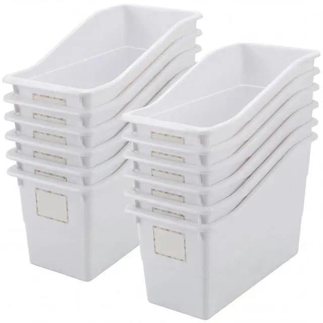 Main image of 12 Pcs Book Bins with Labels Linking Storage Bins Folder Magazine File Holder Interlocking Plastic Book Organizer Container for Office Classroom Home (White)