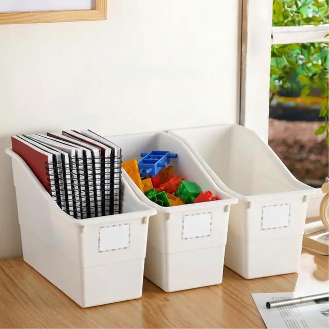 Alt view image 6 of 6 - 12 Pcs Book Bins with Labels Linking Storage Bins Folder Magazine File Holder Interlocking Plastic Book Organizer Container for Office Classroom Home (White)