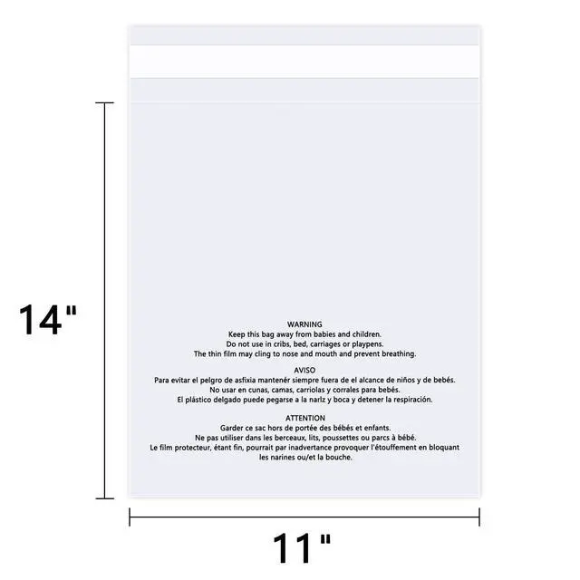 Alt view image 2 of 6 - 11" x 14" (1000 Count) - Clear Poly Bags with Suffocation Warning Self Seal for Packaging, Shirts, Clothing & FBA - Permanent Adhesive