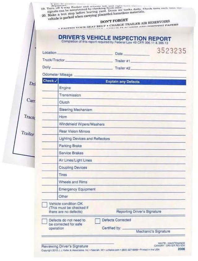 Main image of J. J. Keller Simplified Driver's Vehicle Inspection Report 40-pk. - Book Format with 31 Sets, 2-Ply Carbonless, 5.5" x 8.125", Meet FMCSR Requirements