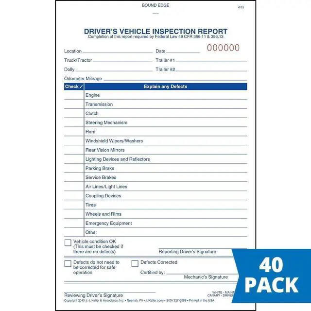 Alt view image 2 of 6 - J. J. Keller Simplified Driver's Vehicle Inspection Report 40-pk. - Book Format with 31 Sets, 2-Ply Carbonless, 5.5" x 8.125", Meet FMCSR Requirements