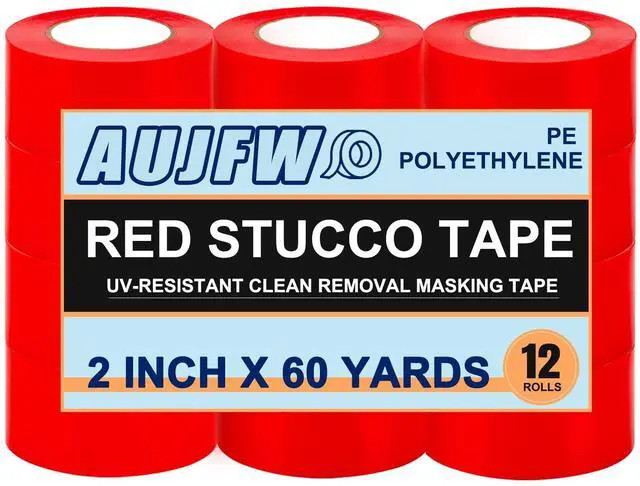 Main image of Red Stucco Tape, 2" x 60 Yards, Case of 12 Roll, Heavy Duty Red Poly Tape for Concrete, Stucco, Brick, Rough Surfaces, Patching Repairs Renovations, UV Resistant, Clean Removal