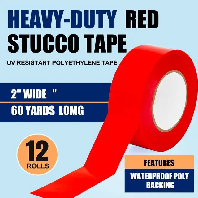 Alt view image 2 of 6 - Red Stucco Tape, 2" x 60 Yards, Case of 12 Roll, Heavy Duty Red Poly Tape for Concrete, Stucco, Brick, Rough Surfaces, Patching Repairs Renovations, UV Resistant, Clean Removal