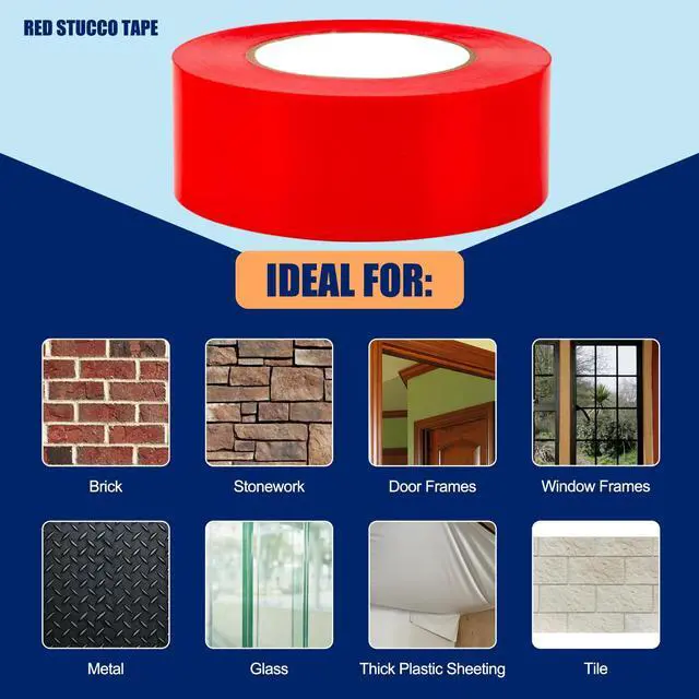 Alt view image 3 of 6 - Red Stucco Tape, 2" x 60 Yards, Case of 12 Roll, Heavy Duty Red Poly Tape for Concrete, Stucco, Brick, Rough Surfaces, Patching Repairs Renovations, UV Resistant, Clean Removal