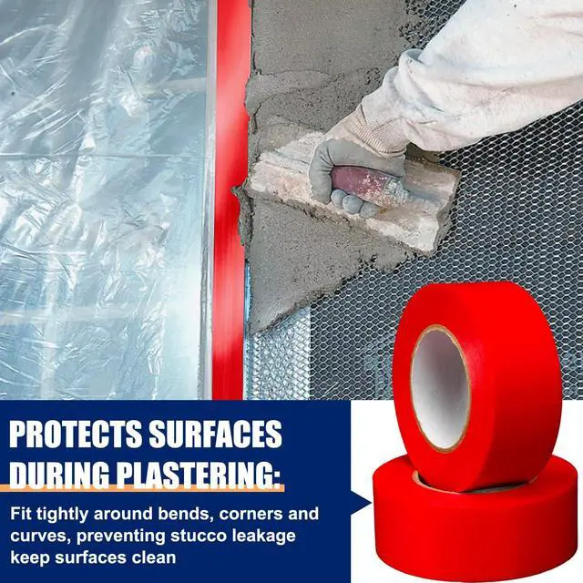 Alt view image 5 of 6 - Red Stucco Tape, 2" x 60 Yards, Case of 12 Roll, Heavy Duty Red Poly Tape for Concrete, Stucco, Brick, Rough Surfaces, Patching Repairs Renovations, UV Resistant, Clean Removal