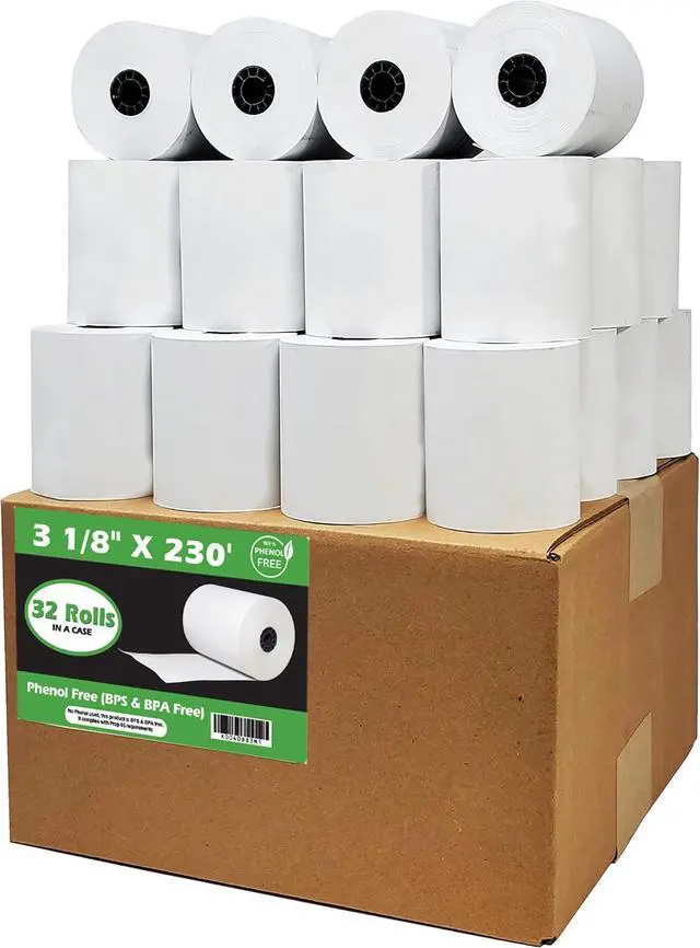 Main image of Phenol Free Thermal Paper 3 1/8" x 230' ft (Also BPA & BPS Free - 32 Rolls) Climate Friendly Receipt Rolls fits all Clover POS Cash Register Printers SCP700 TSP100 from