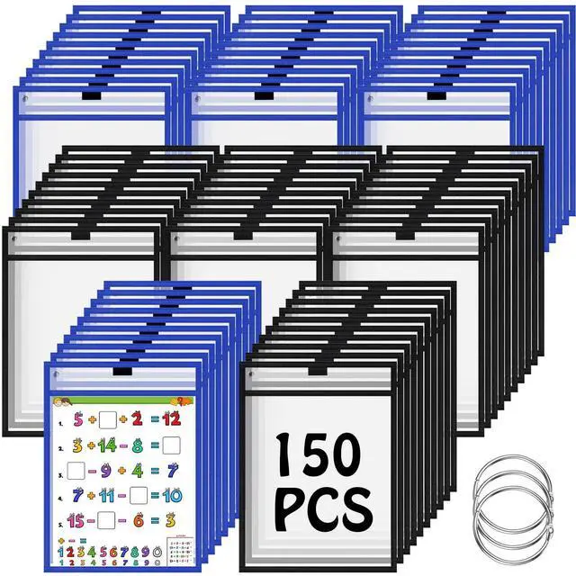 Main image of 150 Pcs Dry Erase Pockets Bulk Reusable Job Ticket Holders Clear Plastic Sleeve Protector Work Order Sleeve Shop Ticket Holder for Teacher Week Gift Office Supply(10 x 14'',Black Blue)