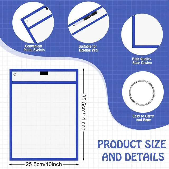 Alt view image 2 of 6 - 150 Pcs Dry Erase Pockets Bulk Reusable Job Ticket Holders Clear Plastic Sleeve Protector Work Order Sleeve Shop Ticket Holder for Teacher Week Gift Office Supply(10 x 14'',Black Blue)
