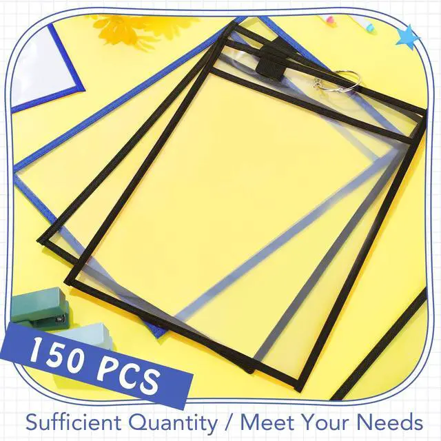 Alt view image 4 of 6 - 150 Pcs Dry Erase Pockets Bulk Reusable Job Ticket Holders Clear Plastic Sleeve Protector Work Order Sleeve Shop Ticket Holder for Teacher Week Gift Office Supply(10 x 14'',Black Blue)