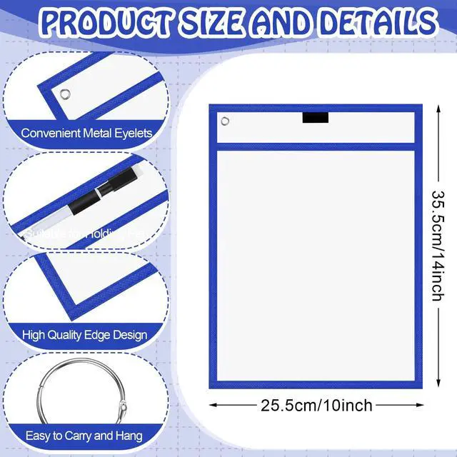 Alt view image 6 of 6 - 150 Pcs Dry Erase Pockets Bulk Reusable Job Ticket Holders Clear Plastic Sleeve Protector Work Order Sleeve Shop Ticket Holder for Teacher Week Gift Office Supply(10 x 14'',Black Blue)
