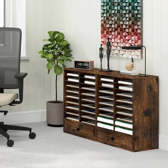 Alt view image 2 of 6 - TQAVI Wood Classroom Mailbox 36 Compartments with 2 Drawer, Large Paper Organizer with Adjustable Shelves to Sorting Literature Bill, A4 Size File Organizer for Office School Home, Antique Brown
