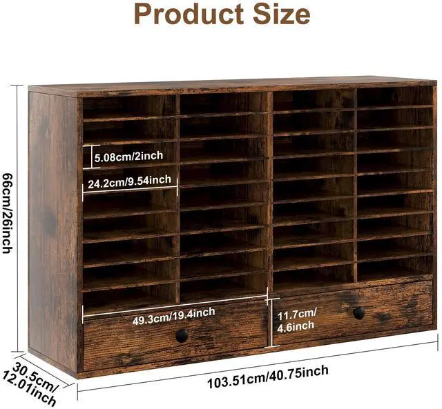 Alt view image 3 of 6 - TQAVI Wood Classroom Mailbox 36 Compartments with 2 Drawer, Large Paper Organizer with Adjustable Shelves to Sorting Literature Bill, A4 Size File Organizer for Office School Home, Antique Brown