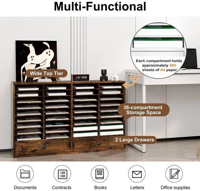 Alt view image 5 of 6 - TQAVI Wood Classroom Mailbox 36 Compartments with 2 Drawer, Large Paper Organizer with Adjustable Shelves to Sorting Literature Bill, A4 Size File Organizer for Office School Home, Antique Brown