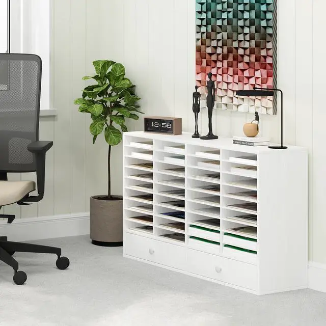 Alt view image 2 of 6 - TQAVI Wood Classroom Mailbox 36 Compartments with 2 Drawer, Large Paper Organizer with Adjustable Shelves to Sorting Literature Bill, A4 Size File Organizer for Office School Home, White