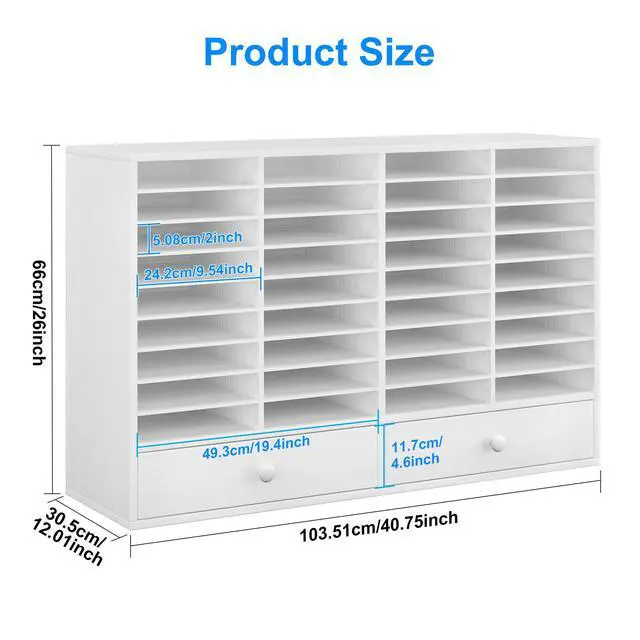 Alt view image 3 of 6 - TQAVI Wood Classroom Mailbox 36 Compartments with 2 Drawer, Large Paper Organizer with Adjustable Shelves to Sorting Literature Bill, A4 Size File Organizer for Office School Home, White