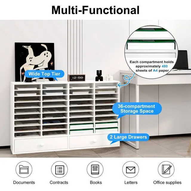 Alt view image 5 of 6 - TQAVI Wood Classroom Mailbox 36 Compartments with 2 Drawer, Large Paper Organizer with Adjustable Shelves to Sorting Literature Bill, A4 Size File Organizer for Office School Home, White