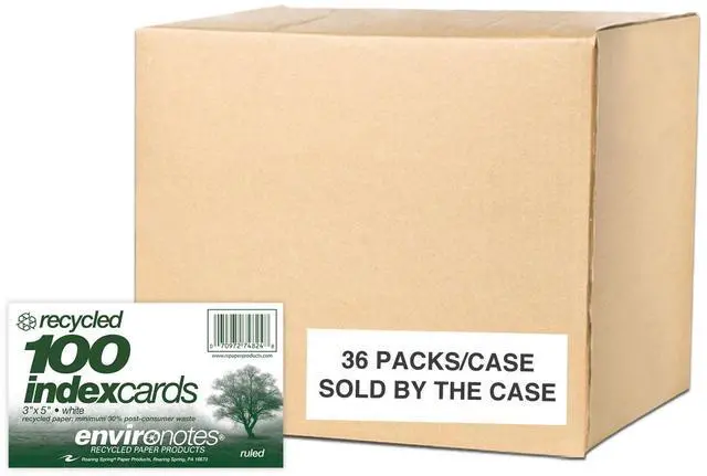Main image of Recycled Index Cards 3" x 5", 100 Per Pack, Smooth 100 lb White Recycled Index Paper, Ruled on Front, Blank on Back (Case of 36 Packs)