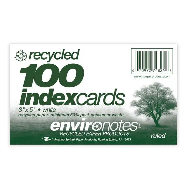 Alt view image 2 of 6 - Recycled Index Cards 3" x 5", 100 Per Pack, Smooth 100 lb White Recycled Index Paper, Ruled on Front, Blank on Back (Case of 36 Packs)
