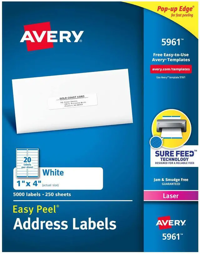 Main image of Mailing Address Labels, Laser Printers, 5,000 Labels, 1 x 4, Permanent Adhesive, 2 Packs (5961)