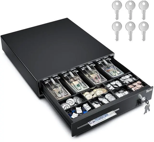 Main image of 13 inch Auto Open Cash Register Drawer with 6 Keys Heavy Duty 4 Bill 8 Coin Removable Cash Tray Media Slot 24V RJ12 Key-Lock Round Corner for POS System Small Businesses Retail 330E