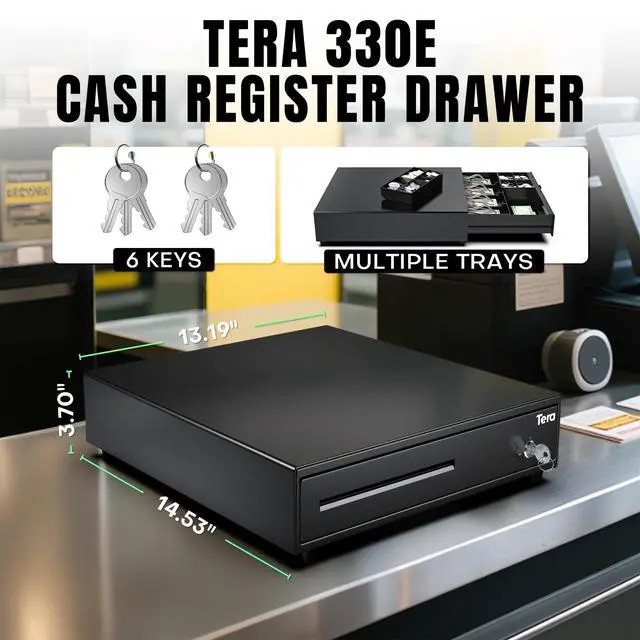 Alt view image 2 of 6 - 13 inch Auto Open Cash Register Drawer with 6 Keys Heavy Duty 4 Bill 8 Coin Removable Cash Tray Media Slot 24V RJ12 Key-Lock Round Corner for POS System Small Businesses Retail 330E