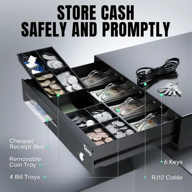 Alt view image 3 of 6 - 13 inch Auto Open Cash Register Drawer with 6 Keys Heavy Duty 4 Bill 8 Coin Removable Cash Tray Media Slot 24V RJ12 Key-Lock Round Corner for POS System Small Businesses Retail 330E