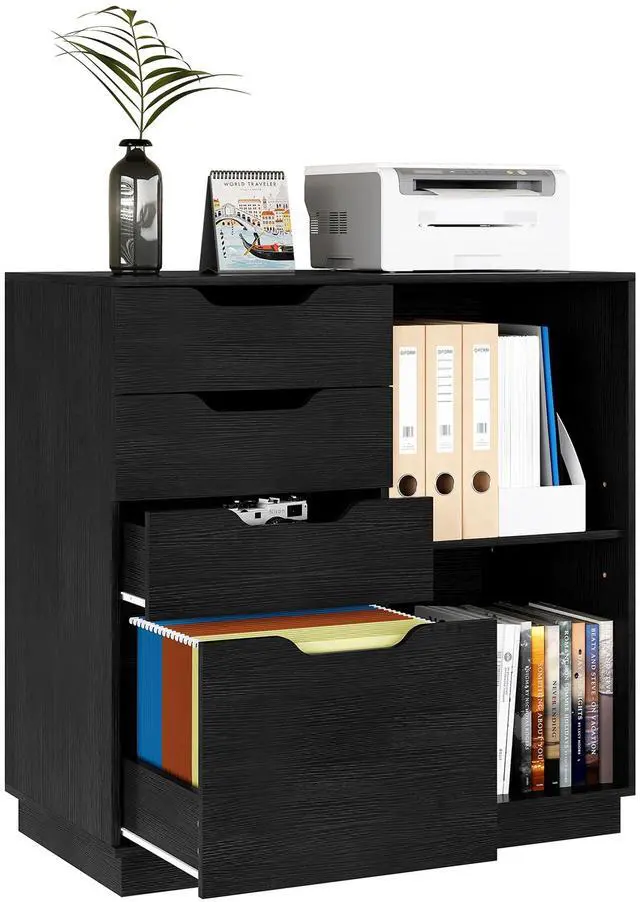 Main image of 4 Drawer Filing Cabinet Organizer with 2 Open Shelves, Heavy Duty for Storing Letter A4 Size and Printer, Wood Lateral File Cabinets for Home Office, Hanging Files, Black, Easy Assembly