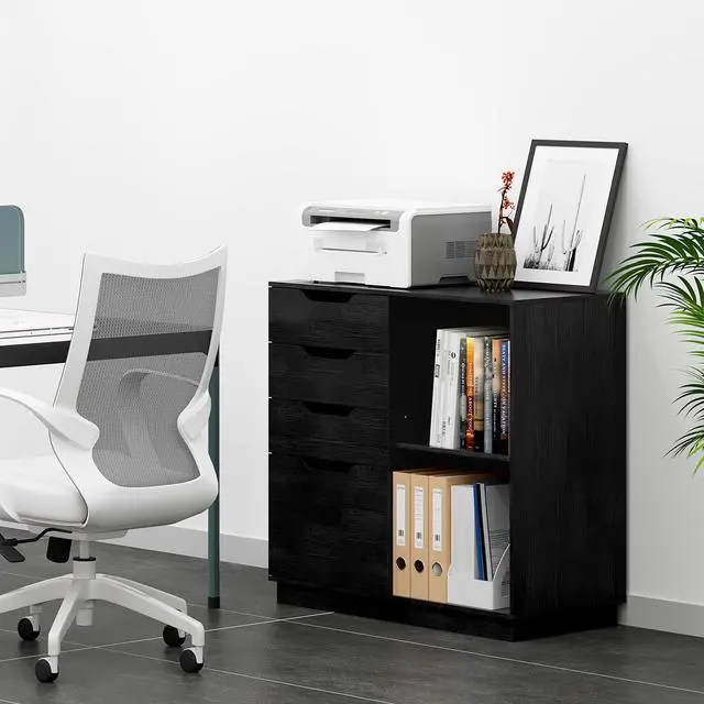 Alt view image 2 of 6 - 4 Drawer Filing Cabinet Organizer with 2 Open Shelves, Heavy Duty for Storing Letter A4 Size and Printer, Wood Lateral File Cabinets for Home Office, Hanging Files, Black, Easy Assembly