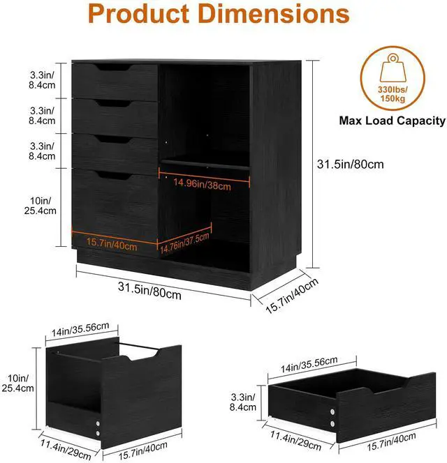 Alt view image 3 of 6 - 4 Drawer Filing Cabinet Organizer with 2 Open Shelves, Heavy Duty for Storing Letter A4 Size and Printer, Wood Lateral File Cabinets for Home Office, Hanging Files, Black, Easy Assembly