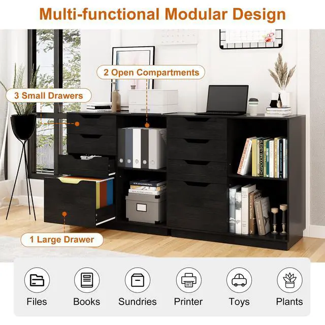 Alt view image 4 of 6 - 4 Drawer Filing Cabinet Organizer with 2 Open Shelves, Heavy Duty for Storing Letter A4 Size and Printer, Wood Lateral File Cabinets for Home Office, Hanging Files, Black, Easy Assembly