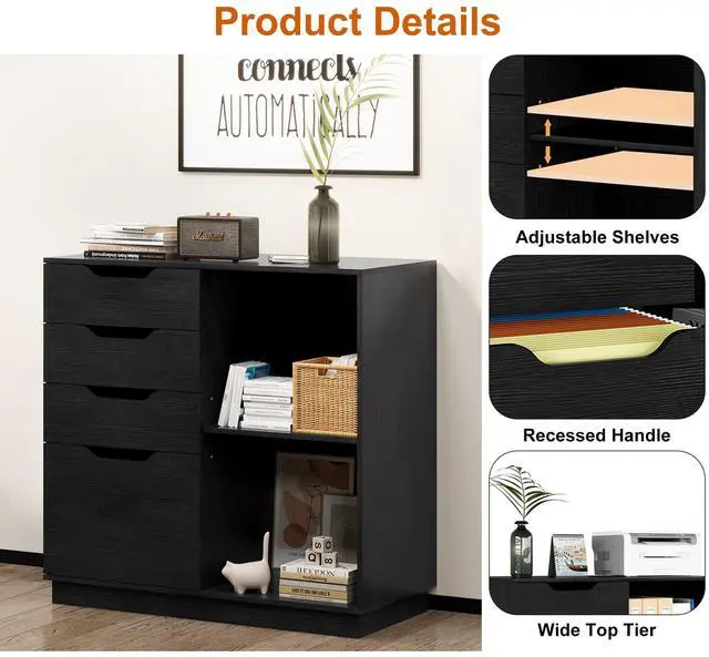Alt view image 5 of 6 - 4 Drawer Filing Cabinet Organizer with 2 Open Shelves, Heavy Duty for Storing Letter A4 Size and Printer, Wood Lateral File Cabinets for Home Office, Hanging Files, Black, Easy Assembly