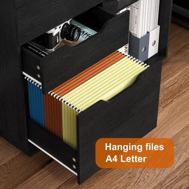 Alt view image 6 of 6 - 4 Drawer Filing Cabinet Organizer with 2 Open Shelves, Heavy Duty for Storing Letter A4 Size and Printer, Wood Lateral File Cabinets for Home Office, Hanging Files, Black, Easy Assembly