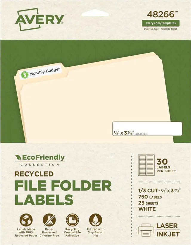 Main image of EcoFriendly Recycled File Folder Labels, 2/3" x 3-7/16", White, Permanent Label Adhesive, 750 Printable Labels (48266) (Pack of 5)