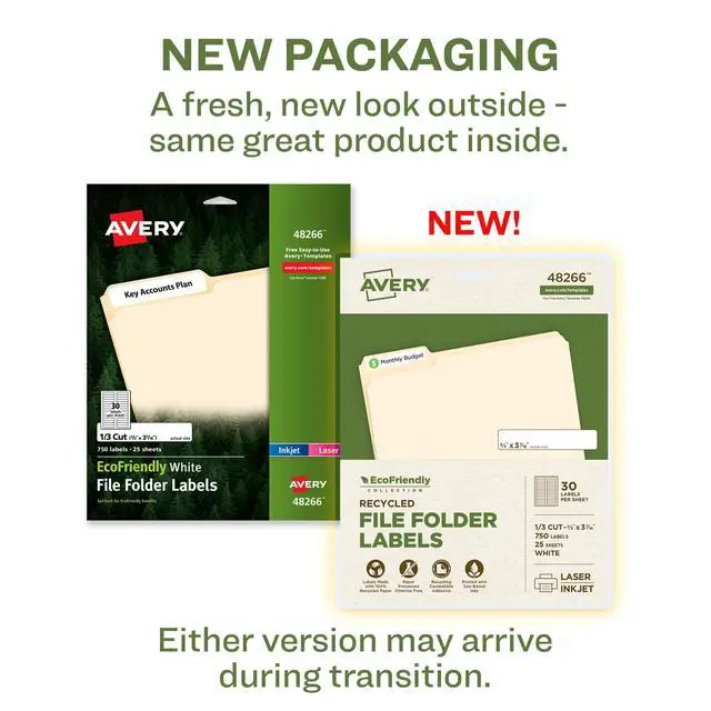 Alt view image 2 of 6 - EcoFriendly Recycled File Folder Labels, 2/3" x 3-7/16", White, Permanent Label Adhesive, 750 Printable Labels (48266) (Pack of 5)