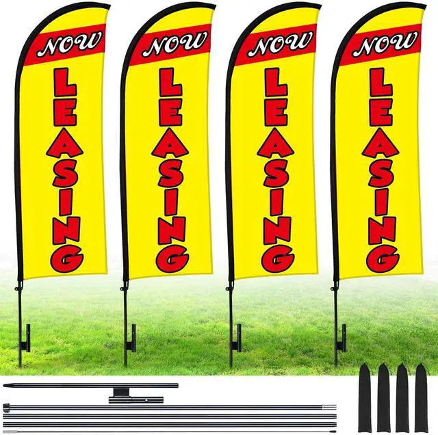 Main image of 4 Sets 15ft Now Leasing Flags Banners for Advertising with Flagpole Ground Stake Portable Bag Feather Now Leasing Signs Banner for Business Advertising (Yellow)