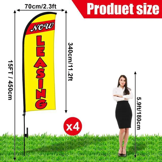 Alt view image 2 of 6 - 4 Sets 15ft Now Leasing Flags Banners for Advertising with Flagpole Ground Stake Portable Bag Feather Now Leasing Signs Banner for Business Advertising (Yellow)