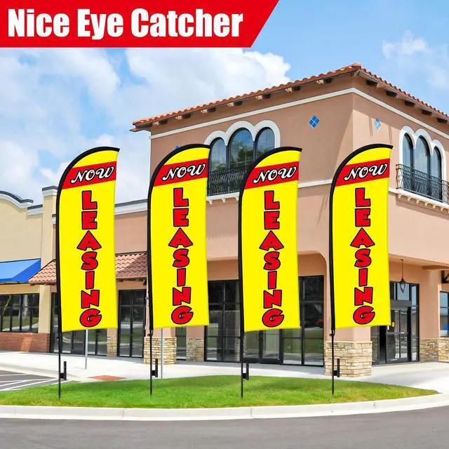 Alt view image 3 of 6 - 4 Sets 15ft Now Leasing Flags Banners for Advertising with Flagpole Ground Stake Portable Bag Feather Now Leasing Signs Banner for Business Advertising (Yellow)