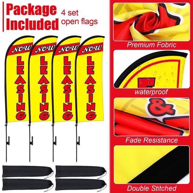 Alt view image 4 of 6 - 4 Sets 15ft Now Leasing Flags Banners for Advertising with Flagpole Ground Stake Portable Bag Feather Now Leasing Signs Banner for Business Advertising (Yellow)