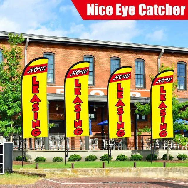 Alt view image 5 of 6 - 4 Sets 15ft Now Leasing Flags Banners for Advertising with Flagpole Ground Stake Portable Bag Feather Now Leasing Signs Banner for Business Advertising (Yellow)