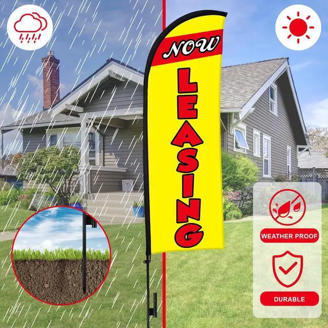 Alt view image 6 of 6 - 4 Sets 15ft Now Leasing Flags Banners for Advertising with Flagpole Ground Stake Portable Bag Feather Now Leasing Signs Banner for Business Advertising (Yellow)