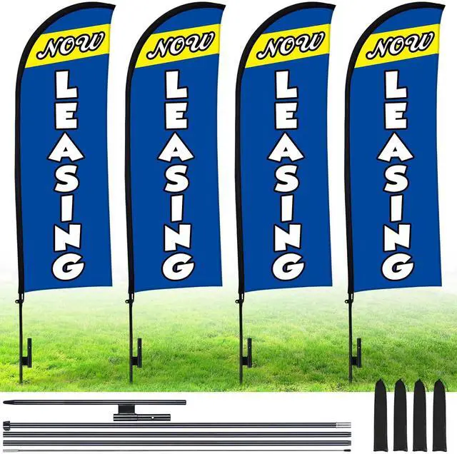 Main image of 4 Sets 15ft Now Leasing Flags Banners for Advertising with Flagpole Ground Stake Portable Bag Feather Now Leasing Signs Banner for Business Advertising (Blue)