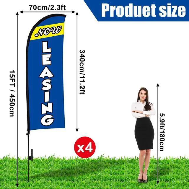 Alt view image 2 of 6 - 4 Sets 15ft Now Leasing Flags Banners for Advertising with Flagpole Ground Stake Portable Bag Feather Now Leasing Signs Banner for Business Advertising (Blue)