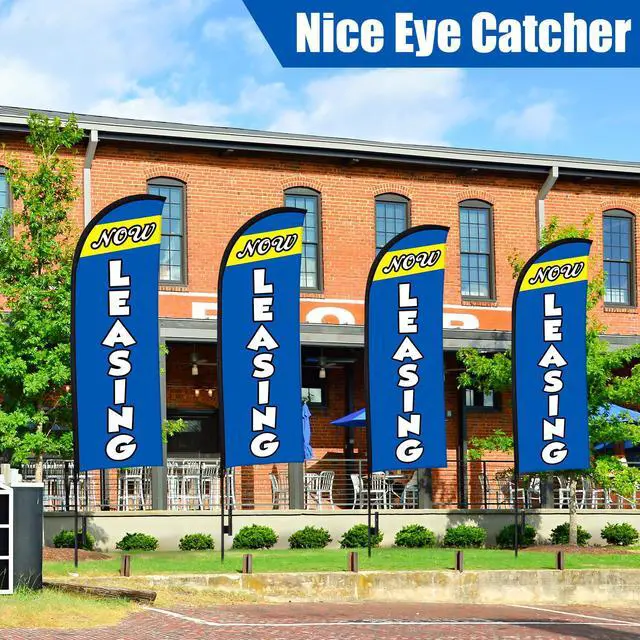 Alt view image 3 of 6 - 4 Sets 15ft Now Leasing Flags Banners for Advertising with Flagpole Ground Stake Portable Bag Feather Now Leasing Signs Banner for Business Advertising (Blue)