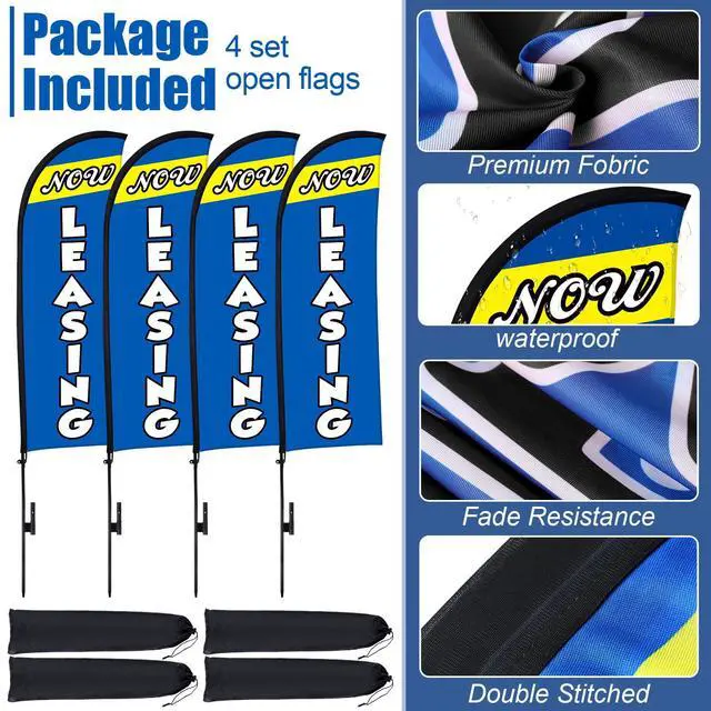 Alt view image 4 of 6 - 4 Sets 15ft Now Leasing Flags Banners for Advertising with Flagpole Ground Stake Portable Bag Feather Now Leasing Signs Banner for Business Advertising (Blue)