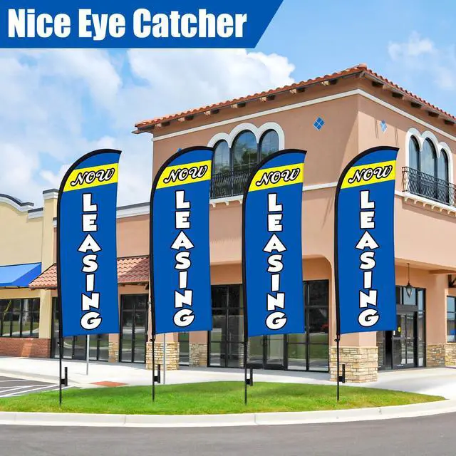 Alt view image 5 of 6 - 4 Sets 15ft Now Leasing Flags Banners for Advertising with Flagpole Ground Stake Portable Bag Feather Now Leasing Signs Banner for Business Advertising (Blue)