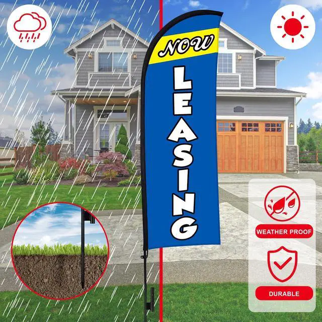 Alt view image 6 of 6 - 4 Sets 15ft Now Leasing Flags Banners for Advertising with Flagpole Ground Stake Portable Bag Feather Now Leasing Signs Banner for Business Advertising (Blue)